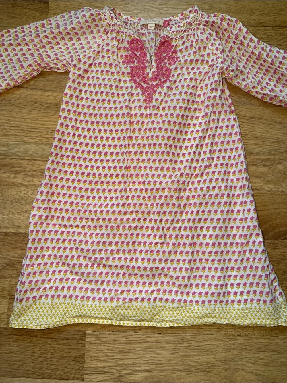 Pink Chicken Pink/Yellow Floral Block Print Cotton Embroidered Tunic Dress Sz 5y